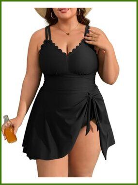 Plus Size Scalloped One-Piece Swimsuit Tummy Control Swim Dress